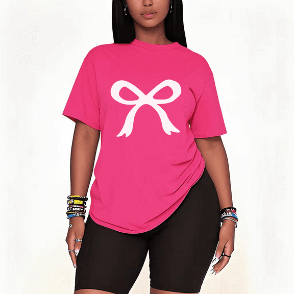 Womens 2 Piece Oversized Lounge Outfit Casual Summer Sets Cute Bow Graphic White Ribbon Printed Crew Neck T-Shirt and Shorts Matching Clothing Set-Pink-3XL