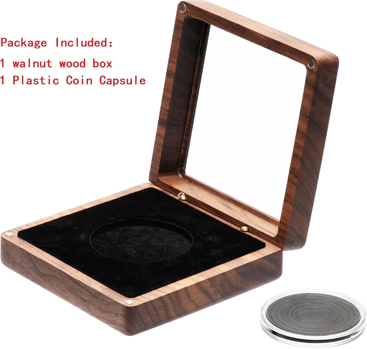 Single Walnut Wood Challenge Coin Presentation Display Box Storage Case with Clear Top and Plastic Coin Capsules with Adjustable Gasket