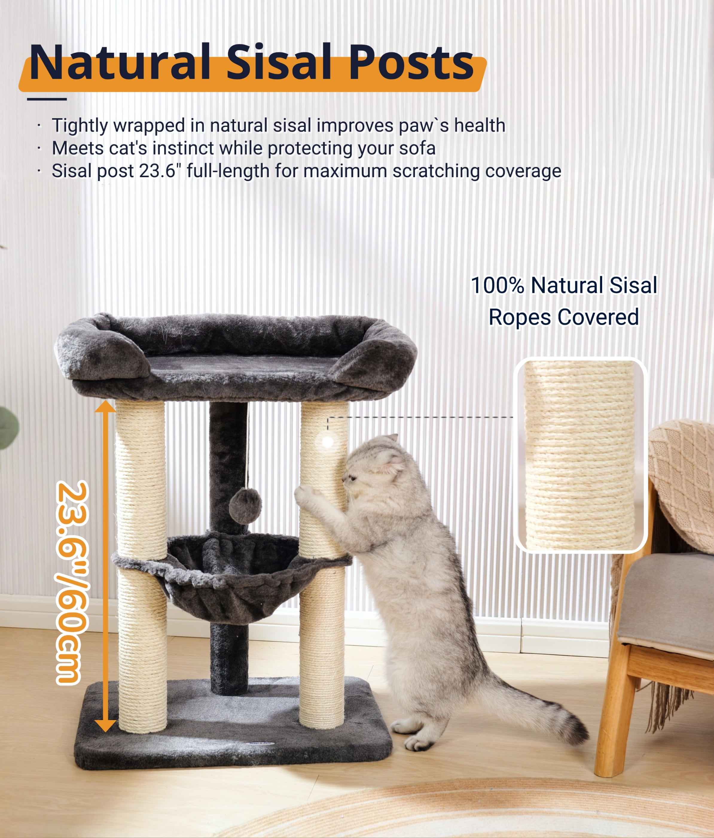 Happi N Pets 28" Cat Tree Tower, Tall Cat Scratching Post with Perch for Window Viewing, Large Bed for Big Cats, Cat Tower with Hammock, Removable Cover-Gray