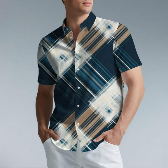 Handshe Mens Button Up Shirts Short Sleeve Plaid Printed Lapel Dress Shirt Vintage Classic Bowling T-Shirts