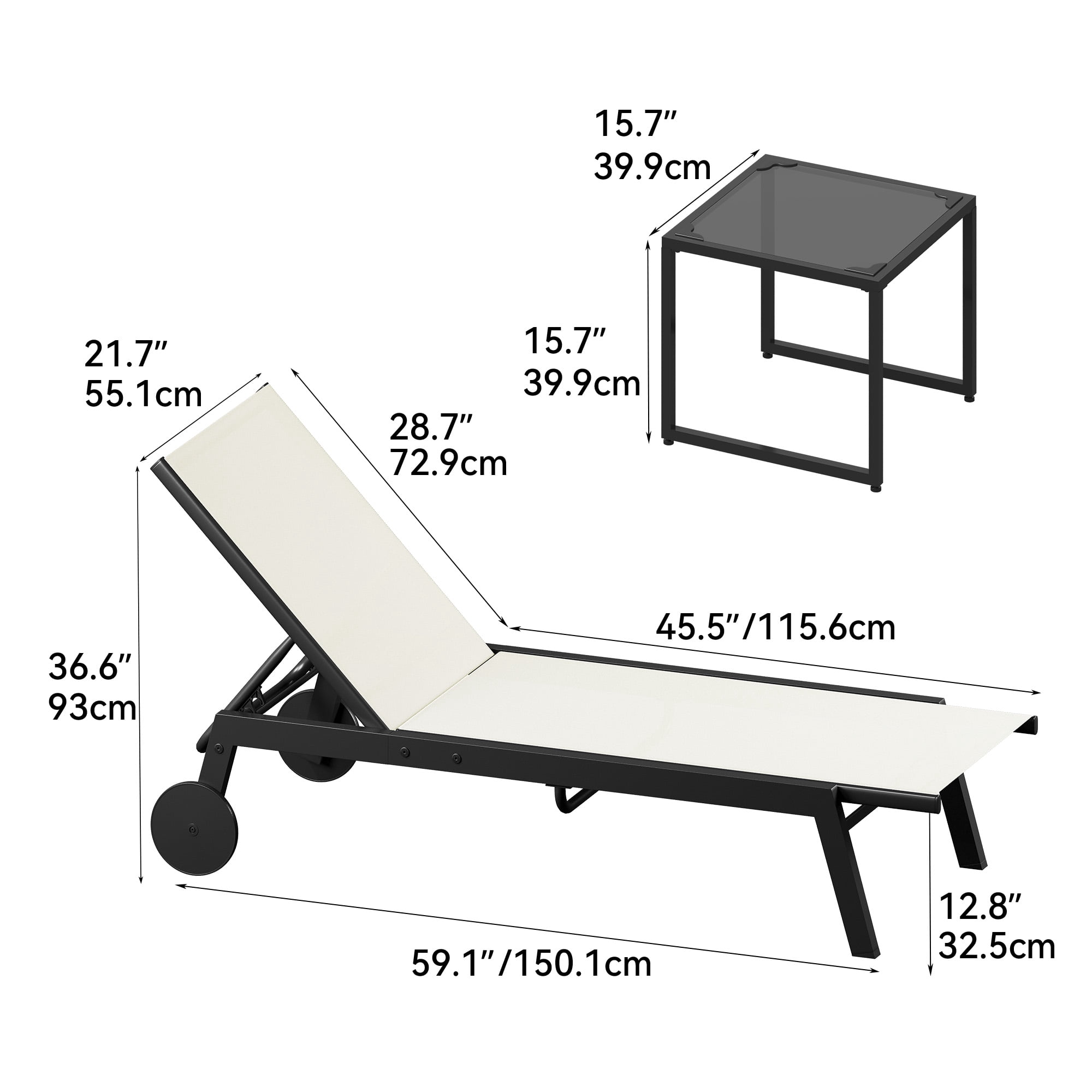 Uforic 3pcs Outdoor Chaise Lounge Set, 2 Adjustable Loungers with Side Table, Wheels, Beige
