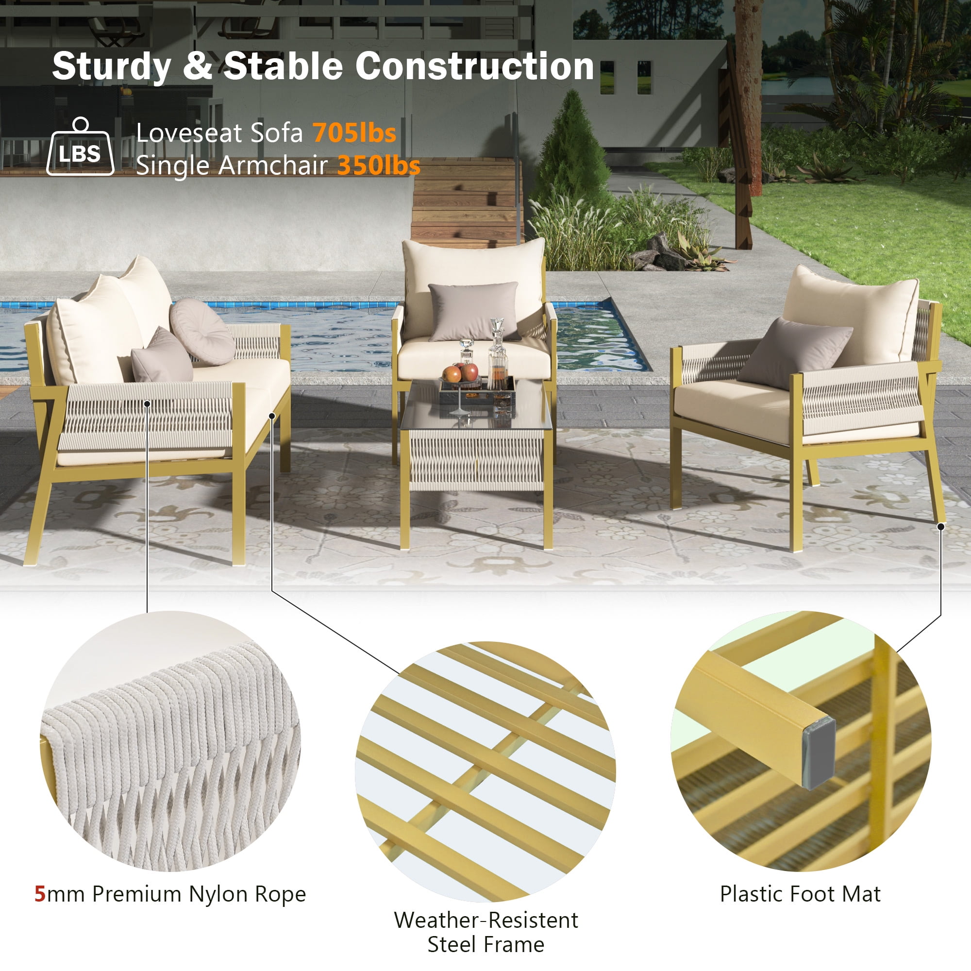 Aimee Lii 4-Pieces Patio Furniture Set, Patio Conversation Set with Tempered Glass Table and Thick Cushion, Outdoor Furniture for Backyard Porch Balcony, Beige