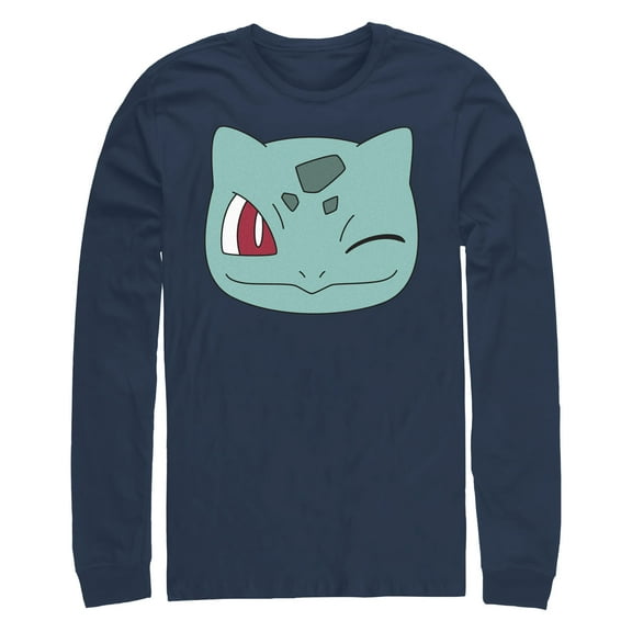 Men's Pokemon Bulbasaur Wink Face  Long Sleeve Shirt Navy Blue Medium