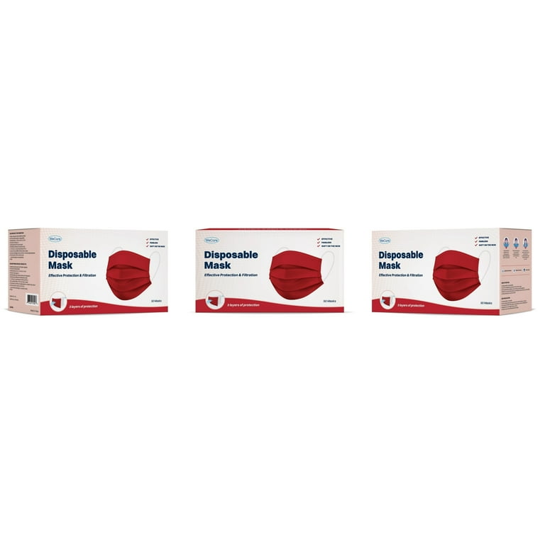 Disposable Face Masks 3-Ply Individually Wrapped , 50ct - Red