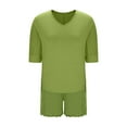 thumbnail image 5 of Caywon Ladies' Casual Loose V-Neck Three Quarter Sleeve Sleeved Lace Shorts Pajama Set Casual Solid Color Oversized Shirts Biker Shorts(Green,XL), 5 of 6