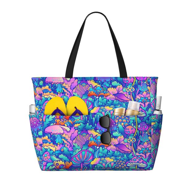 Fotbe Colorful Mushrooms Bolsa de Viaje para Playa - Resistente al Agua, Bolsa Tote de Gran Capacidad y Ligera con 7 Bolsillos para Mujeres y Hombres
