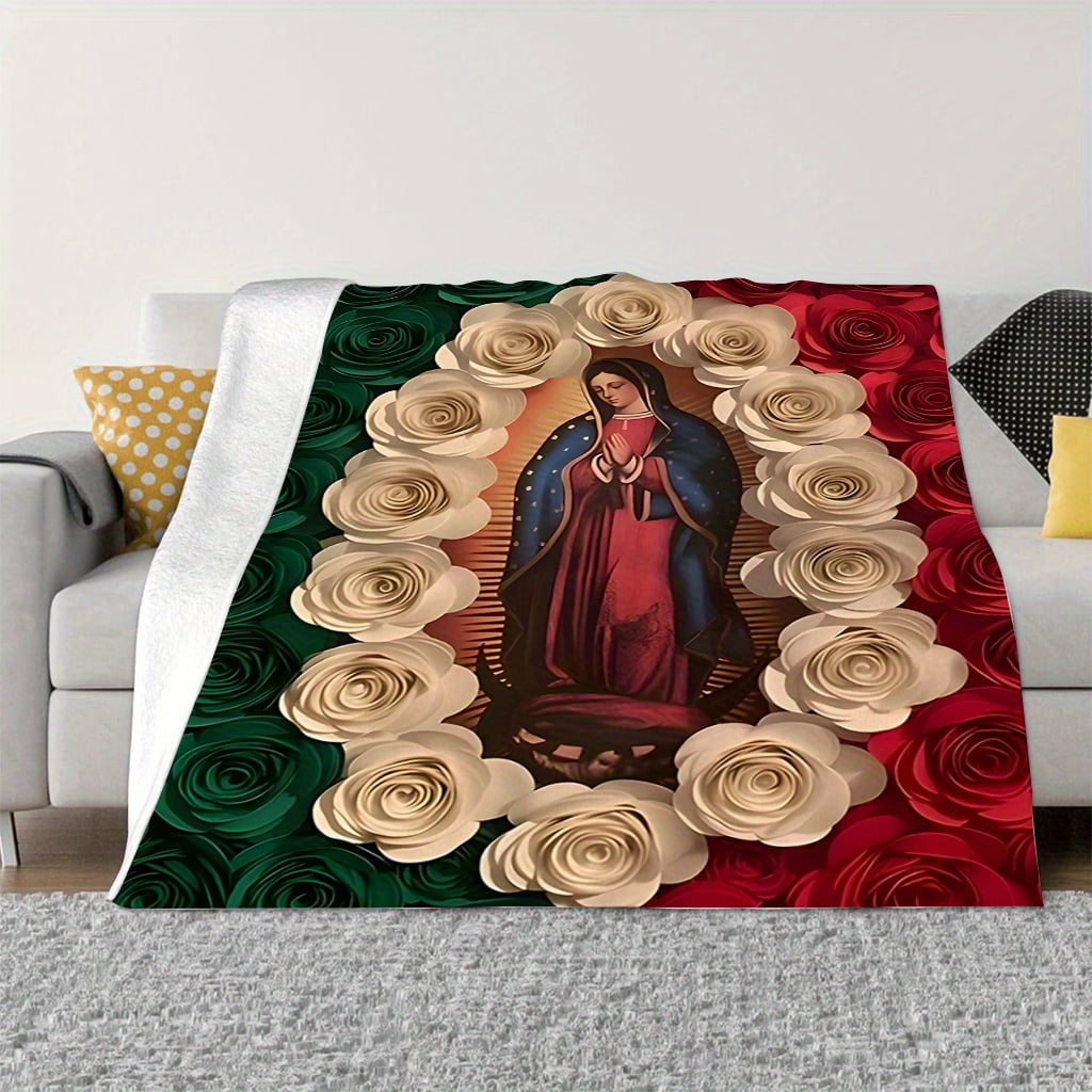 Virgin Mary Rose Blanket Soft Flannel Throw with Our Lady of Guadalupe Design Green & Red Roses Perfect for Sofa Bed Car Office Camping Travel All-Season Gift