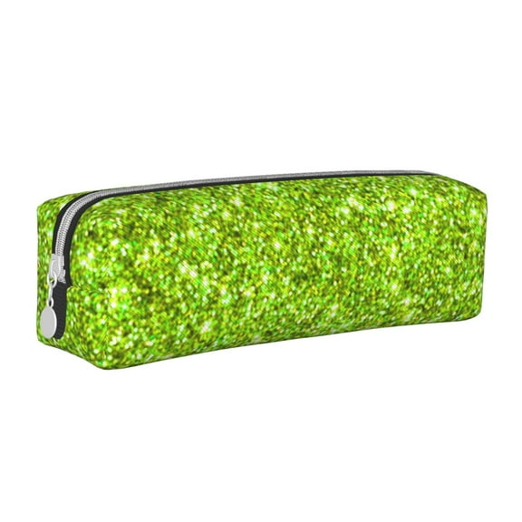 Vsdgher Lime green glitter Leather Pencil Case, Makeup Pouch, Zipper Pouch for Daily Essentials, Storage Organizer, Cosmetics and Stationary Bag