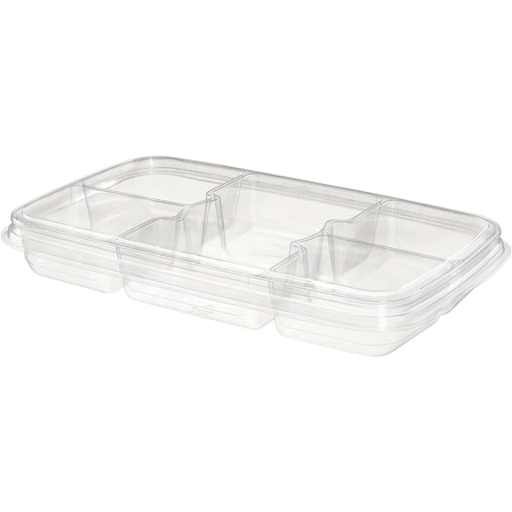 40oz Clear Rectangular Plastic Tray with Lid, 5 Compartment Fruit, Veggie and Snack Container, Reusable Food Serving Platter for Party, Buffet, Catering, Salad, and Dip (25)