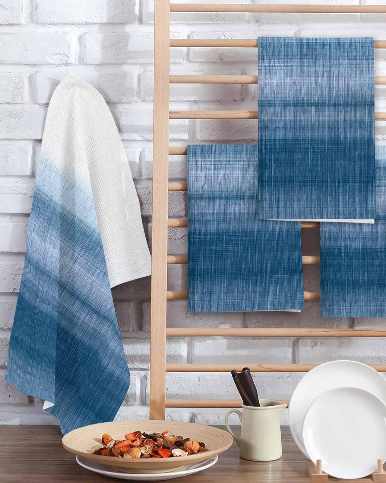 Haze Blue White Ombre Kitchen Dish Towels for Drying Dishes Set of 3, Vintage Gradient Striped Aesthetics Waffle Weave Microfiber Terry Hand Tea Bathroom Towels Quick Dry & Absorbent Towel 15.7x23.6