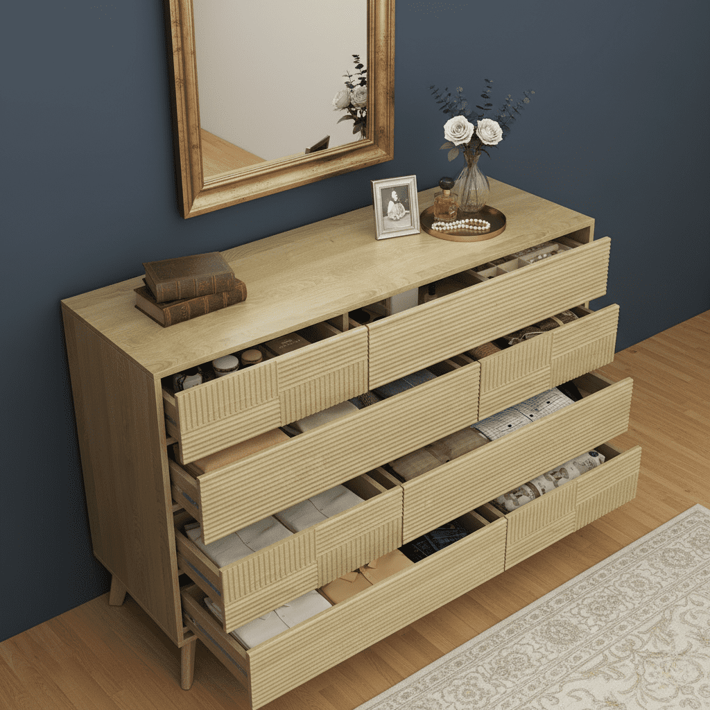 Danpinera Home 8-Drawer Double Dresser for Bedroom, 34" Tall Wood Chest & TV Stand with Fluted Panels, Natural Oak