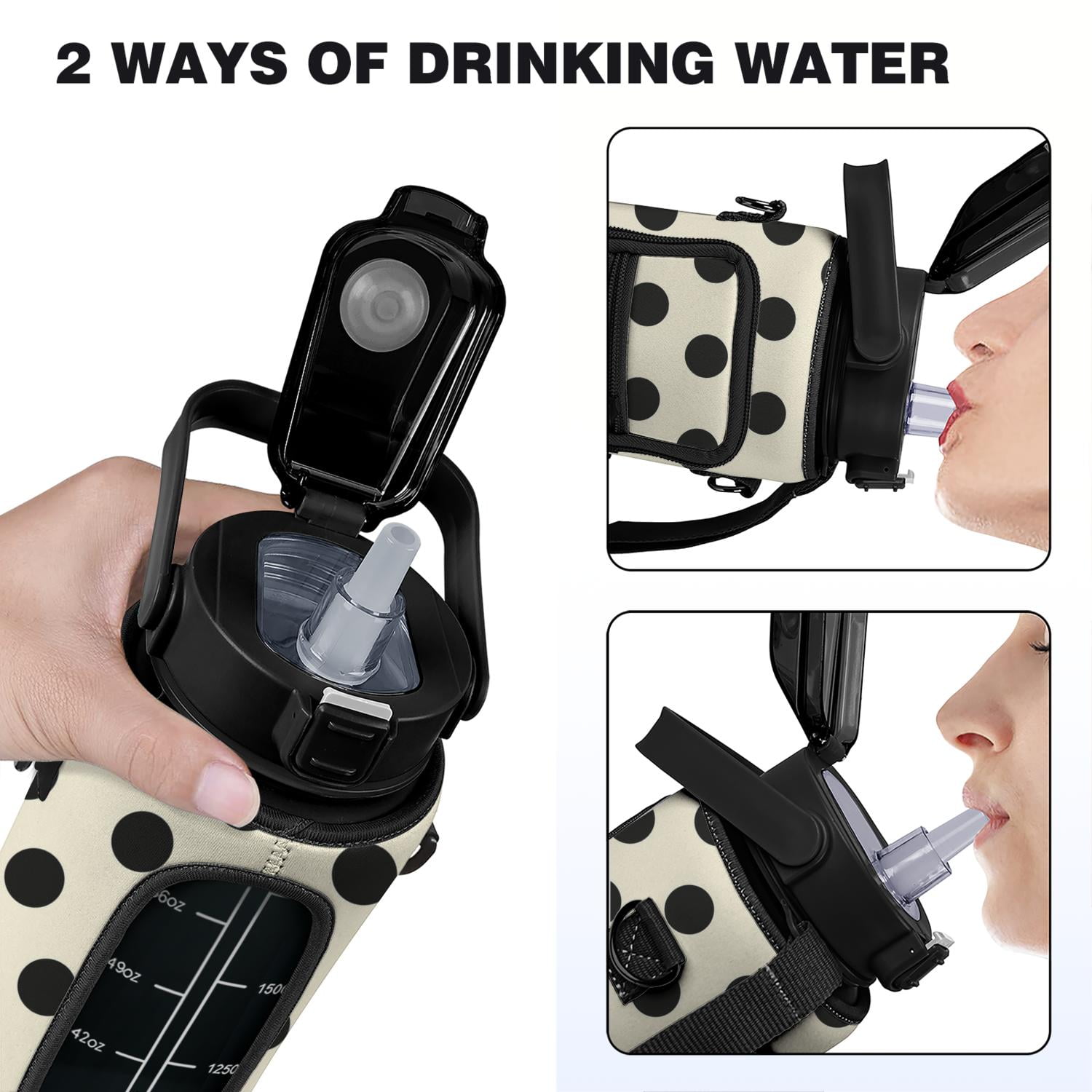 Black and White Dots 64 Oz Water Bottle with Measurements - BPA Free Leakproof Sport Large Plastic Water Bottle with Straw Strap & Insulated Neoprene Holder Carrier Bag Great Gift for Women Men