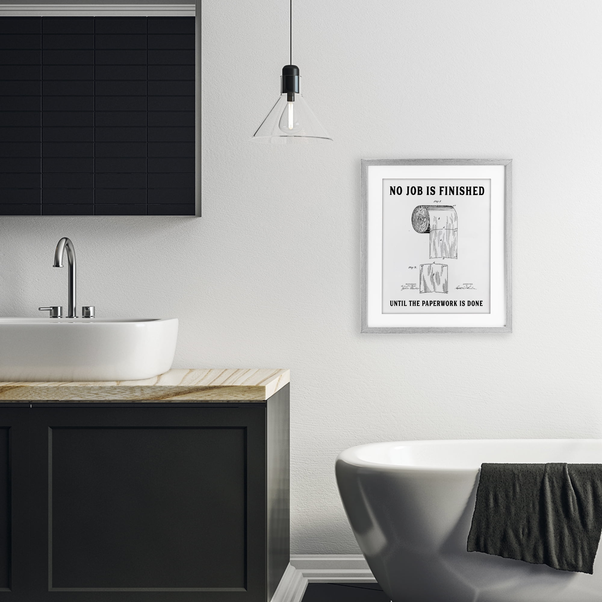 No Job Finished Toilet Paper Gray Framed Print Under Glass, design by Lettered and Lined