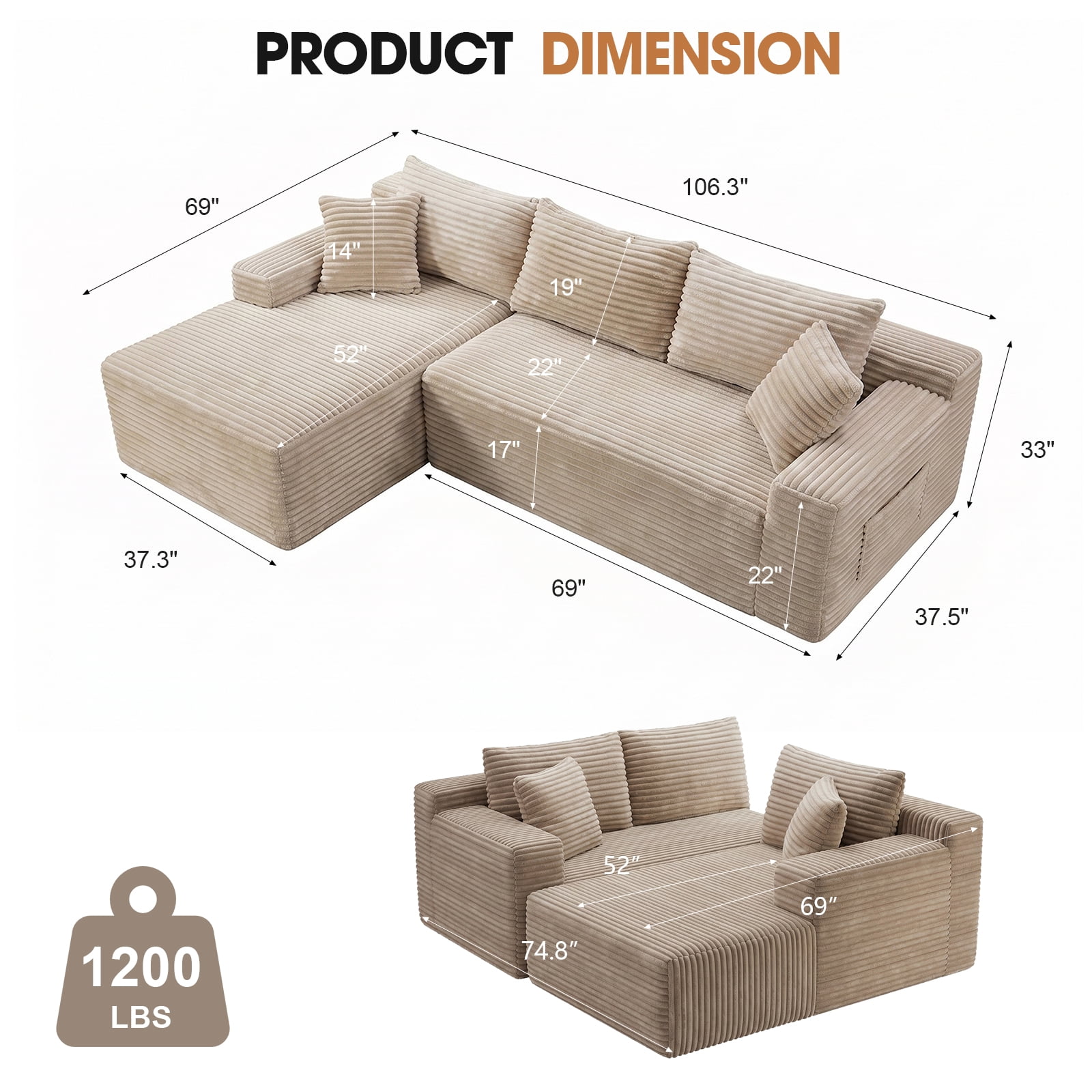 Aukfa 95" Cloud Sectional Couch, Modular L Shaped Boneless Sofa with Left Facing Chaise&2 Storage Pockets, Camel