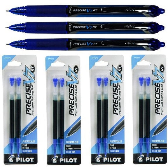 Pilot Precise V7 Rt Retractable, Blue Ink, 0.7mm Fine Point, 3 Pens with 4 Packs of Refills