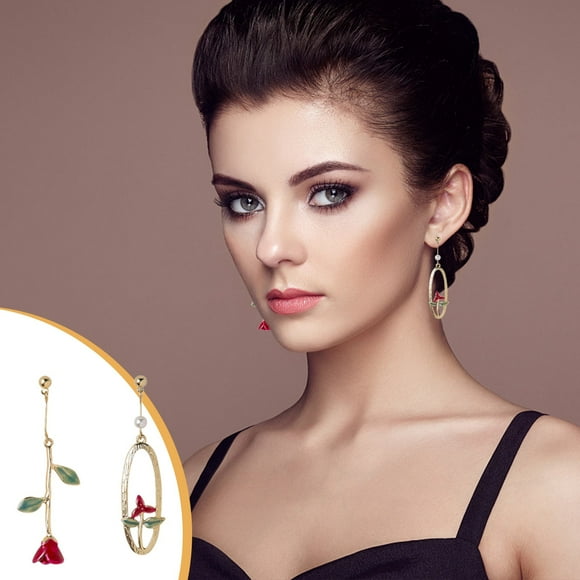 EGNMCR Stud Earrings for Women Metal Needle Vintage Elegant Asymmetrical Red Rose Pearl Earrings Valentine's Day Design Earrings Design Earrings