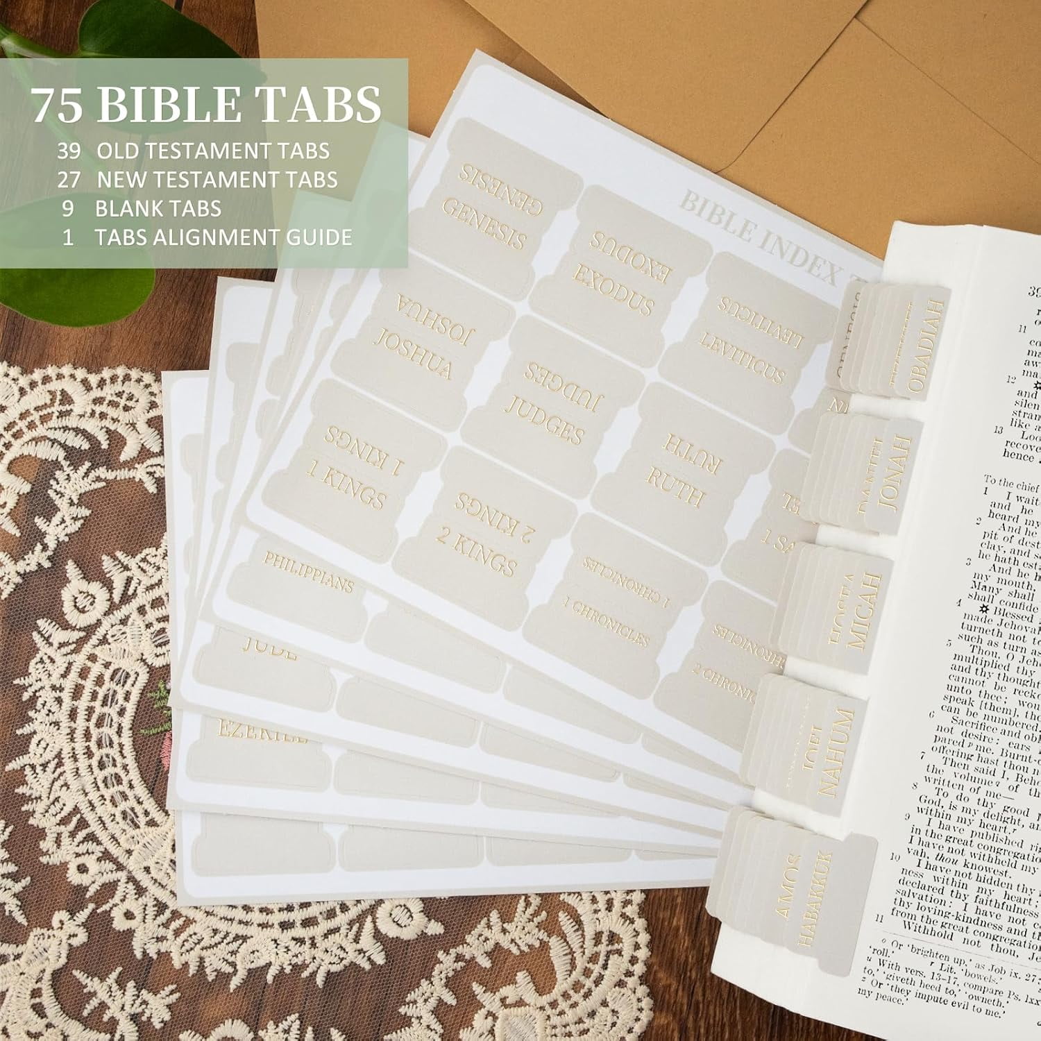 Bible Tabs for Women and Men, 75 Laminated Index Tabs with Embossed Gold Foil Lettering, Durable Neutral Bible Study Tabs for Easy Navigation, Bible Journaling Supplies