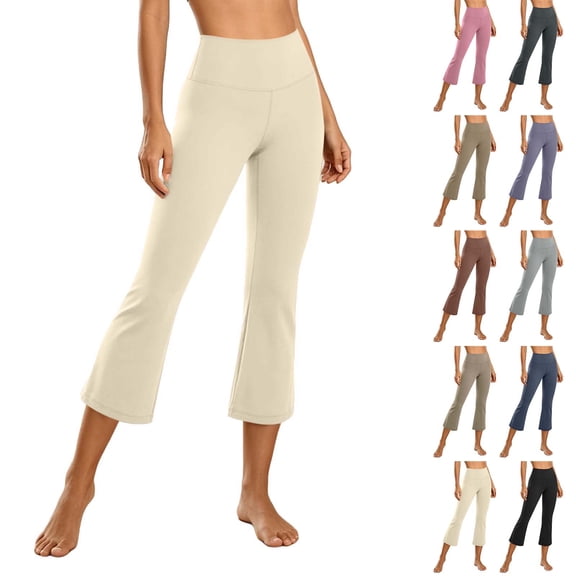 Women's High Waist Flare Capri Yoga Pants, 4-Way Stretch Tummy Smoothing Moisture Wicking Non See-Through Bootcut Workout Trousers for Gym Casual Daily Outdoor | TruBelle,Beige L