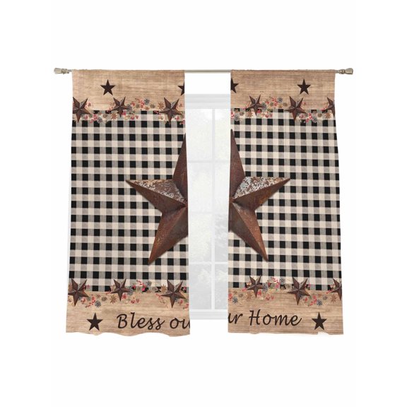 Country Star Sheer Curtains 63 Inch Long 2 Panels, Farmhouse Texas Star Vintage Black Plaid Light Filtering Rod Pocket Semi Sheer Curtains, Sheer Voile Drapes for Living Room Bedroom, 52"x63"
