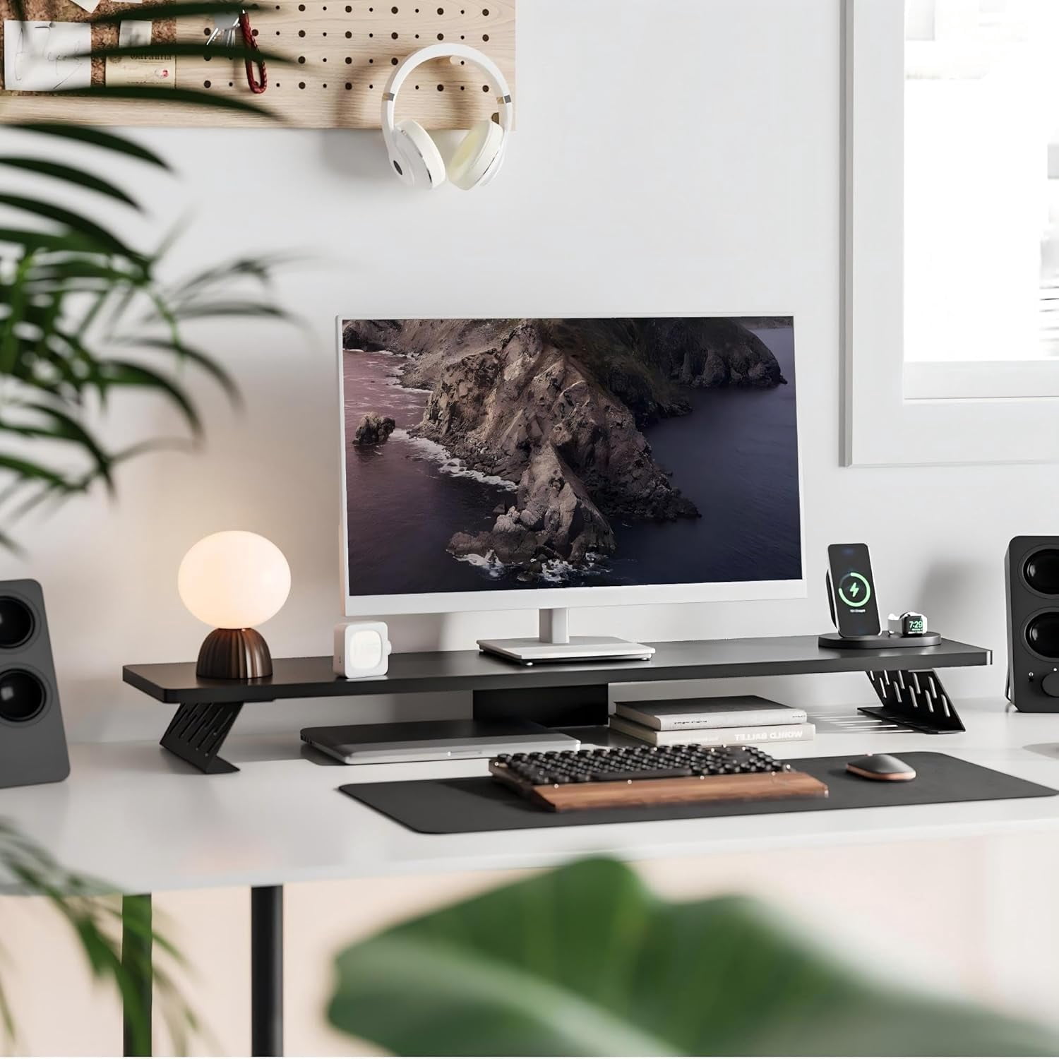 Wood and Steel Dual Monitor Stand Riser for Desktop, Laptop, PC, and Printer