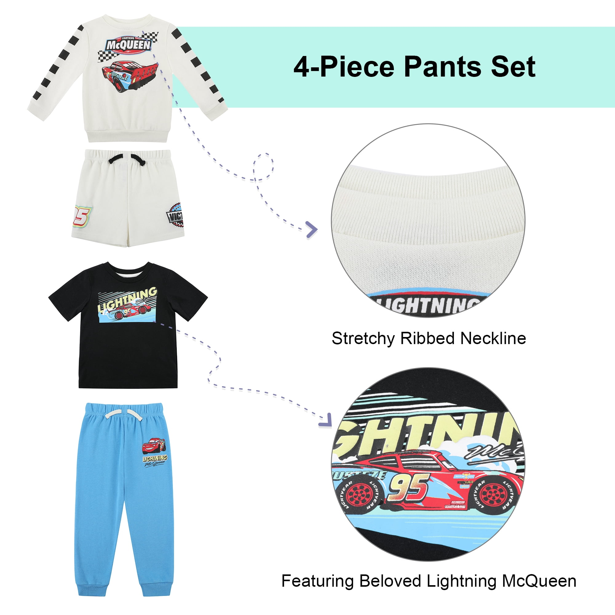 Disney Clothes Baby Boys 4-Piece Set – Cars Outfit Set with Pullover, Tee, Shorts & Pants (White/Black/Blue) – 2T
