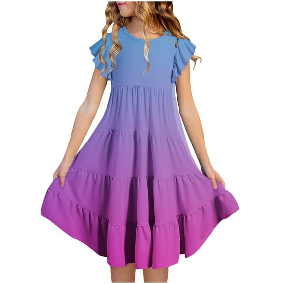 Gamivast Summer Girls Dresses Double Layer Flutter Sleeve Flowy A-Line Sundress Fashion Crewneck Gradient Color Midi Dresses Flowy Beach Dress Blue 6Y Vestidos De Verano Para Niña