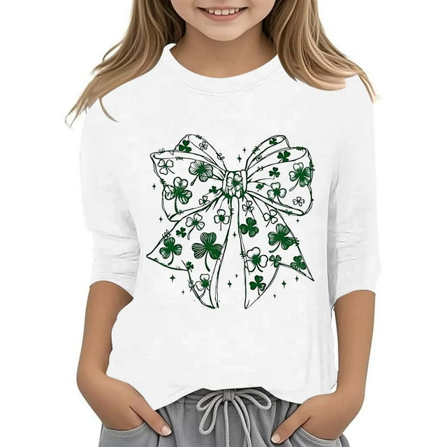 LUOGENLI T-Shirt pour Filles T-Shirt Graphique de la Saint-Patrick à la Mode Polyvalent Col Rond Manches 3/4 T-Shirt Décontracté Haut Maxi Floral avec Fente Blanc 11-12 Ans