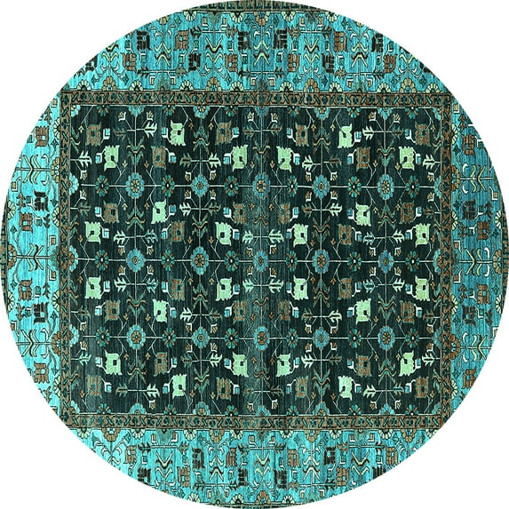 Ahgly Company Machine Washable Indoor Round Oriental Turquoise Blue Industrial Area Rugs, 3' Round