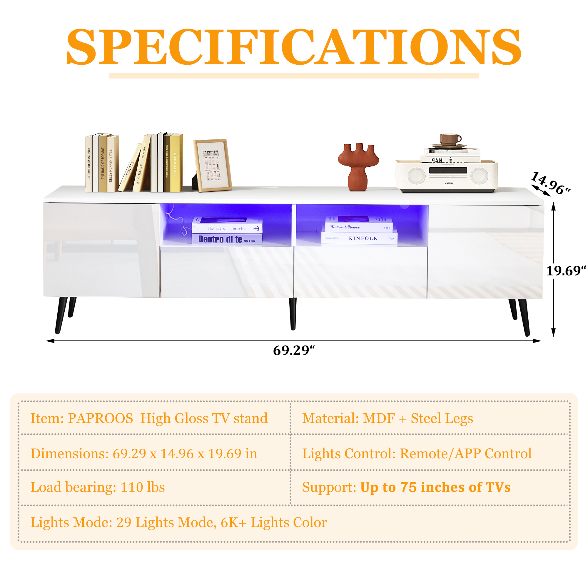 TV Stand for 75 Inch TV, Modern Entertainment Center with RGB LED Lights and Storage Drawers, High Gloss Living Room TV Cabinet, White
