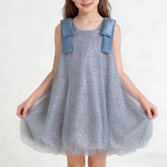 hengsof Girl's Fashion Sequin Mesh Camisole Dress Sparkly Sleeveless Vest Round Neck Princess Dress Suitable for Children Aged 2-10 Glittery Birthday Party Dress