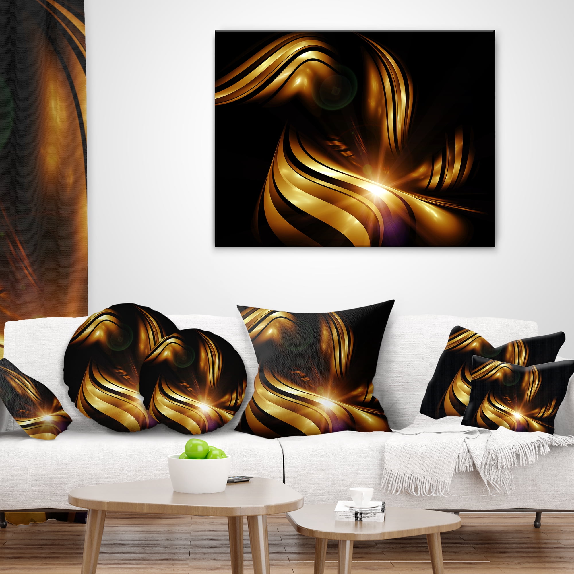 Designart Abstract Gold Fractal Background - Contemporary Abstract Throw Pillow - 16x16