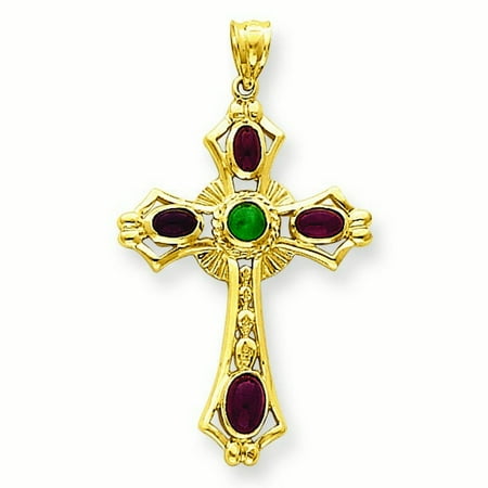 14kt Gold Ruby Cross Pendant - 14k Yellow Gold Ruby and Emerald Cabochon Cross Pendant - Measures 24.7x44.3mm