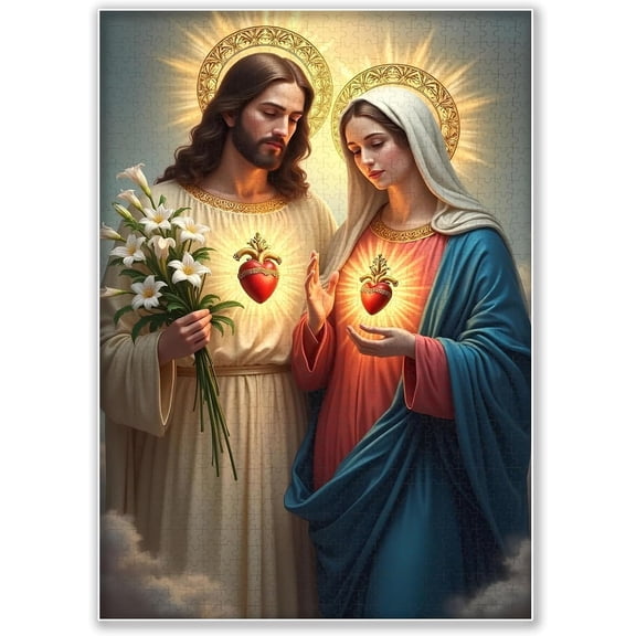 SXFVHN 1000-piece Jesus Lily and The Sacred Heart of Mary Adult Wooden Puzzle, Intellectual Challenge, Stress-Relieving Puzzle, Relaxing Family Activity, Decoration, Size: 29.5 x 19.7 in