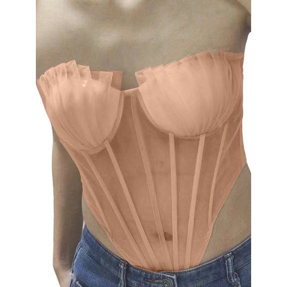 Gureui Women Lace Corset Tank Tops Sexy See Through Mesh Tube Top Y2k Strapless Backless Cami Lingerie Bustier Going Out Tops