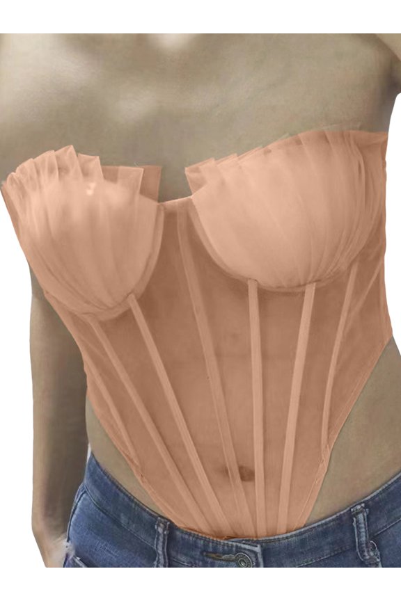 Women Lace Corset Tank Tops Sexy See Through Mesh Tube Top Y2k Strapless Backless Cami Lingerie Bustier Going Out Tops