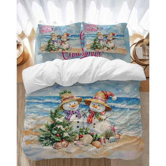 Merry Christmas Bedding Duvet Cover Set Full Size 4 Pieces Snowman Xmas Tree Beach Seashell Bedding Set with Zipper Closure, 1 Comforter Cover 86x86 Inches 1 Flat Sheet & 2 Pillow Cases