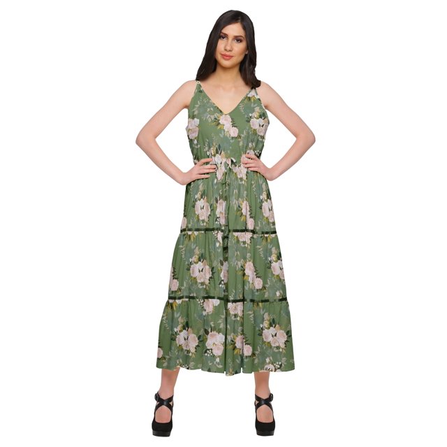 Moomaya Robe Longue Maxi pour Femmes en Coton Imprimé à Bretelles Spaghetti et Col en V