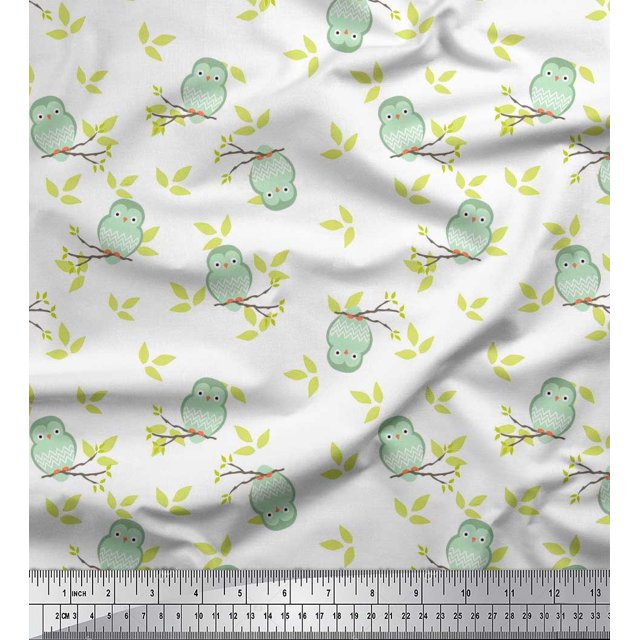 Soimoi polyester Crepe Fabric Leaves & Owl Bird Print Fabric by the Yard 52 Inch Wide