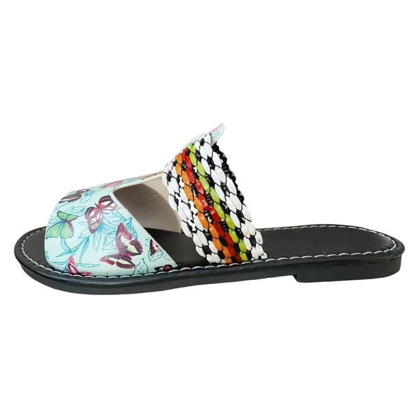 Bmisegm Ladies Summer Colourful Butterfly Splicing Hollow Out Woven Strap Beach Flat Bottom Large Size Sandals Slippers Sandals Women Summer Green 9
