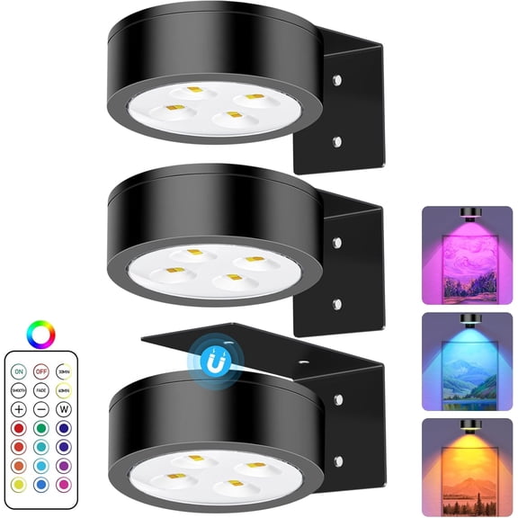 RGB Picture Light Battery Operated Painting Lights for Wall Wireless Magnetic Display Art Light with Remote Controls,Dimmable&Timer for Art Frame Artworking,3Pack Black