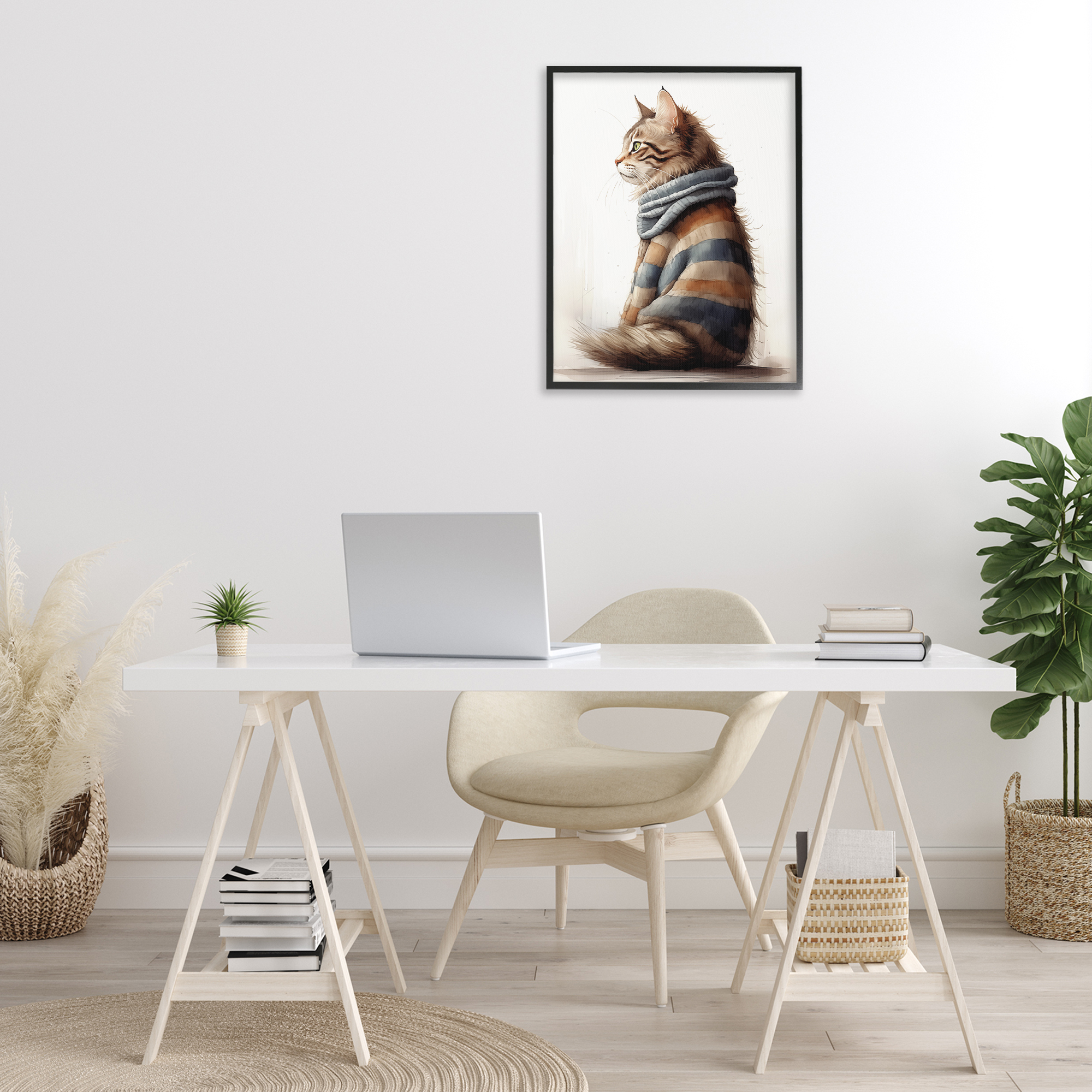 Stupell Industries Cat in Striped Sweater Animals & Insects Painting Black Framed Art Print Wall Art, 24 x 30