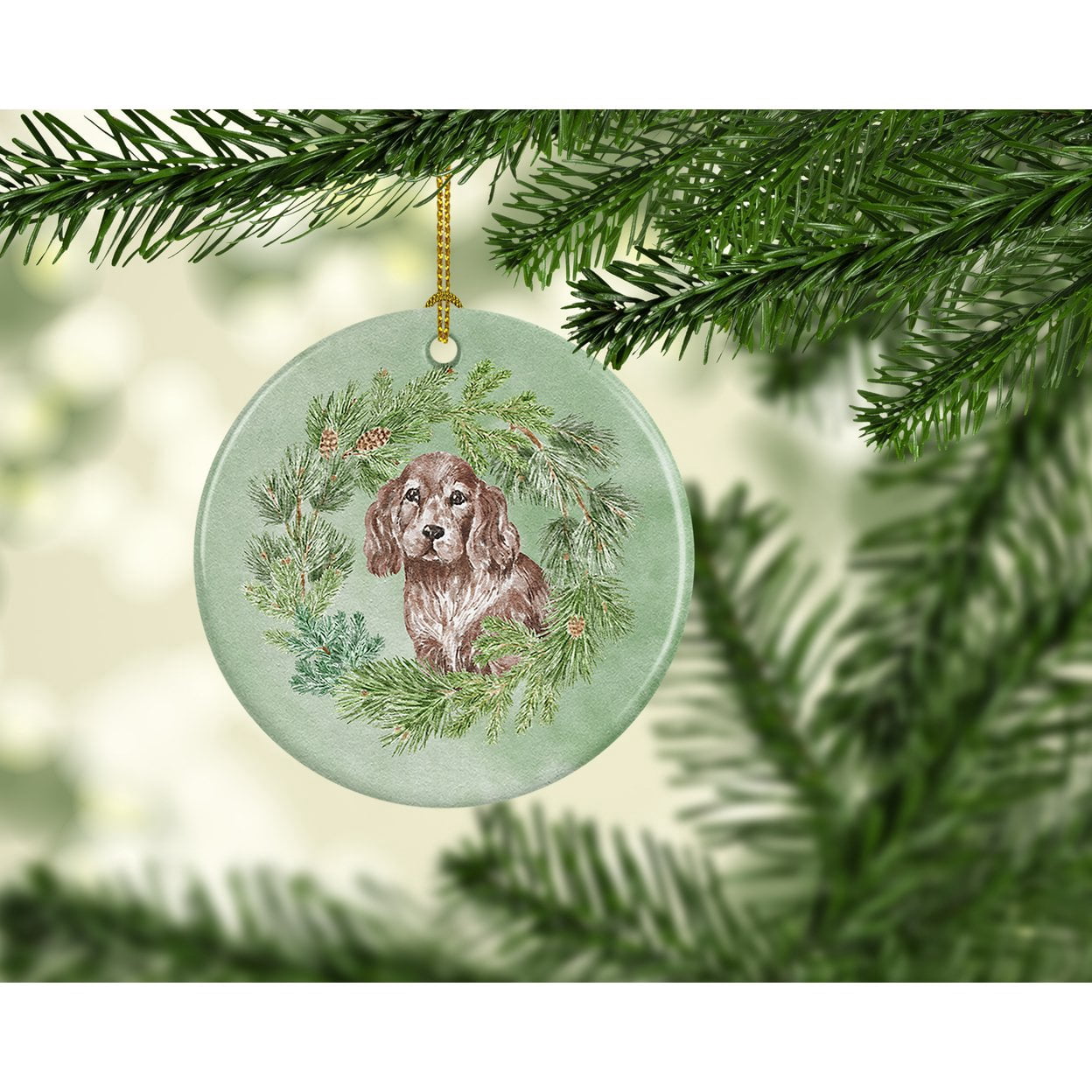 Cocker Spaniel Puppy Liver Christmas Wreath Ceramic Ornament 2.8 in x 2.8 in