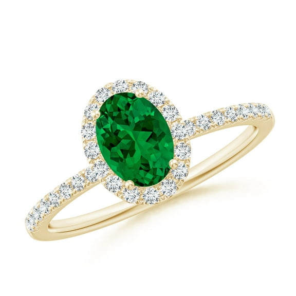 ANGARA Lab Grown Oval Emerald Classic Halo Engagement Ring for Women in 14K Yellow Gold (Size-7x5mm) | May Birthstone, Birthday, Anniversary, Jewelry Gift for Women | Lab-Grown Emerald Ring