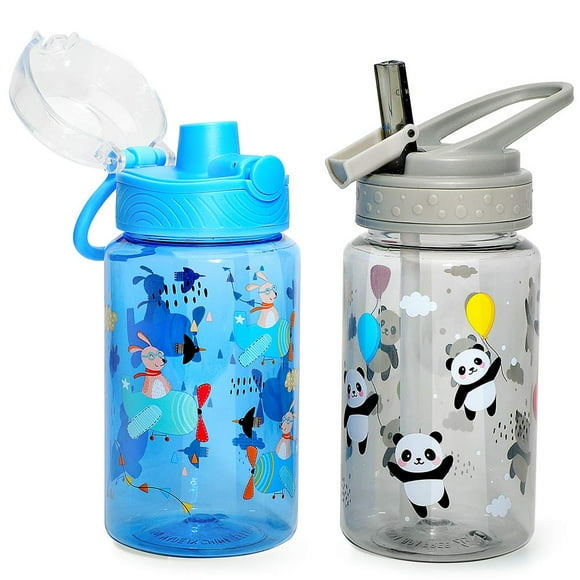 Home Tune 16oz Kids Water Drinking Bottle - Tritan BPA Free, Auto Flip Chug Lid, Sip Straw Lid, Carry Loop, Lightweight, Leak-Proof, Cute Design For Girls & Boys - 2 Pack Panda & Airplane