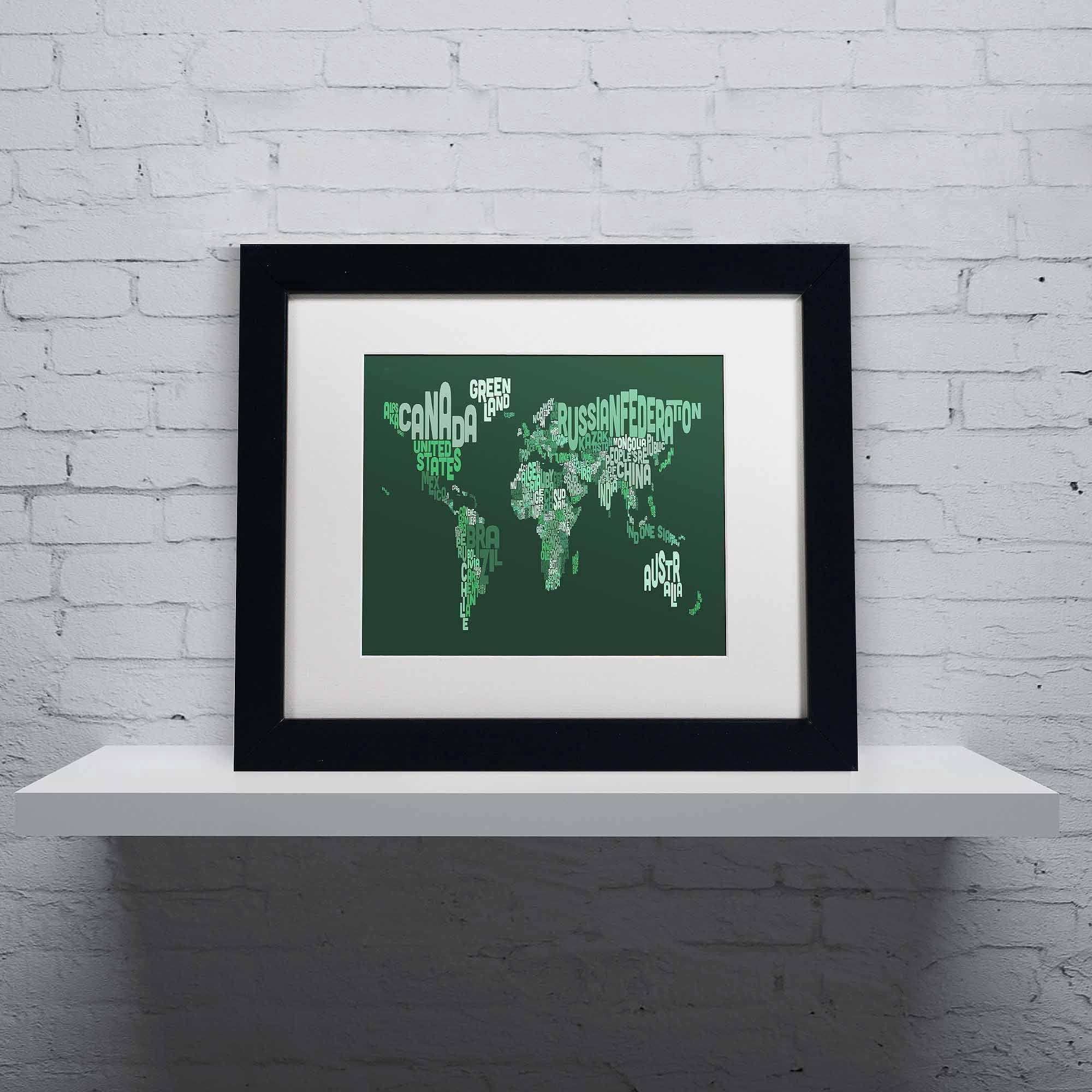 Trademark Fine Art "Text Map of the World" Canvas Art by Michael Tompsett, White Matte, Black Frame