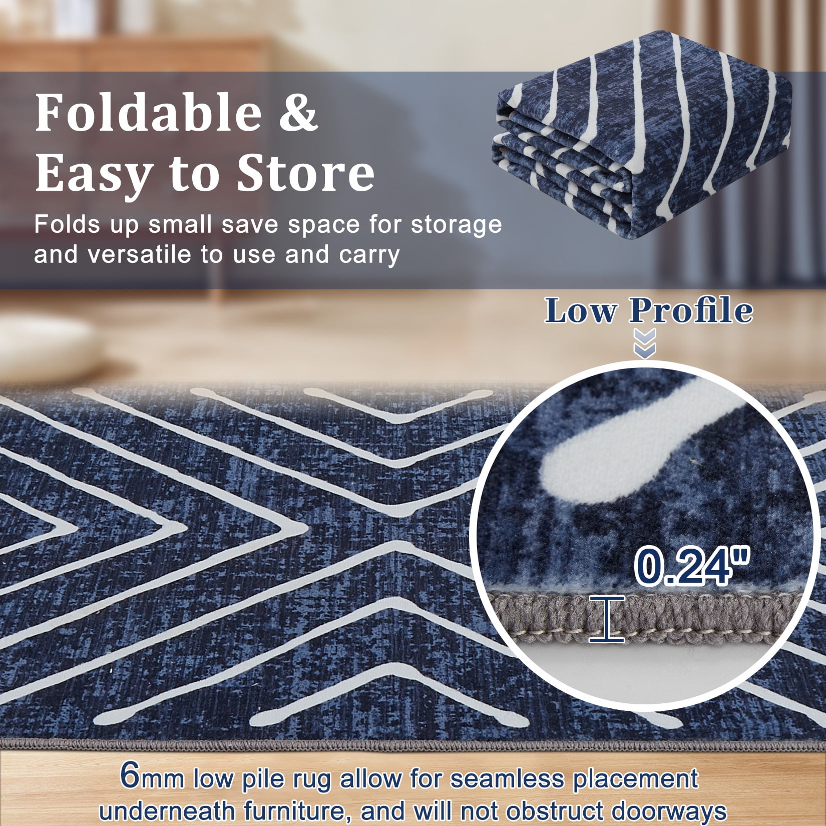 HIWEAVER Modern Geometric Striped Non Slip Runner Washable 2' x 6' Throw Rug for Hallway Enterway Neutral Indoor Navy Carpet