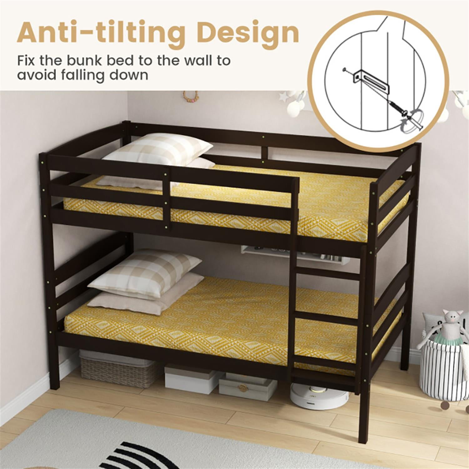 Demi Bonn Solid Wood Twin Over Twin Bunk Bed with High Guardrails and Integrated Ladder, Twin Bunk Beds, Bed Frame, Brown