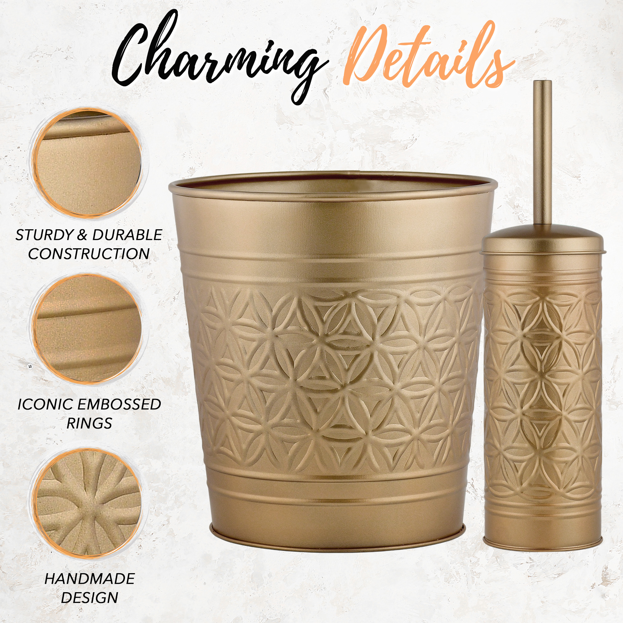 Autumn Alley Farmhouse Gold Bathroom Accessories Set – Includes Gold Bathroom Trash Can & Toilet Brush with Holder, Handcrafted Modern Waste Bin & Standing Toilet Brush, Embossed Metal Design Décor