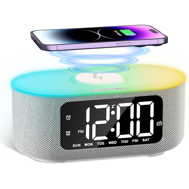 Despertador de Tela con Altavoz Bluetooth Estéreo, Carga Inalámbrica Rápida 10W, Radio FM, Pantalla LED Grande, Luz Nocturna y Sonidos de Ruido Blanco, Ideal para Dormitorio (Gris)