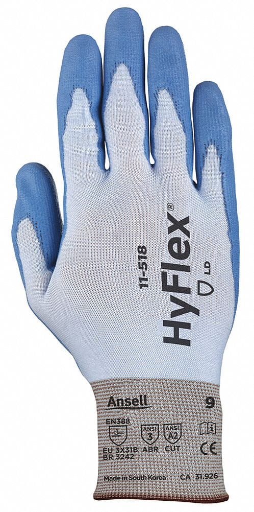 ANSELL HYFLEX CUT RESISTANT 11-518 PALM COATED WORK GLOVES BLUE L SIZE 9 